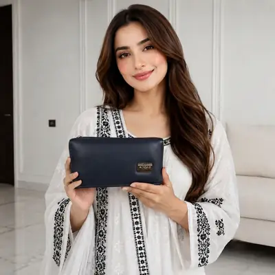 Ladies PU Leather Hand clutch Double Flap - Dark Blue 