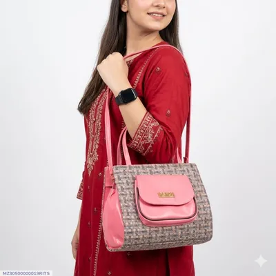Elegant Pink Jute Textured Shoulder Bag with Long Strap