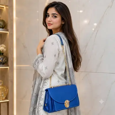 Royal Blue Luxe Shoulder Bag With Long Chain Strap 