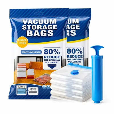 Vacuum Storage Bags with Hand Pump — save up to 80% space.