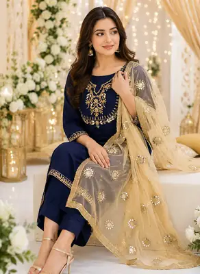 3 Pcs Women's Unstitched Mirror Work Suit thumbnail 3