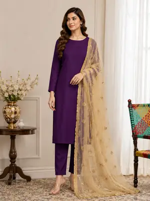 3 Pcs Women's Unstitched Plain Suit katan shirt & trouser