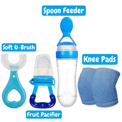 4 in 1 Baby Care Set - Fruit Pacifier, Spoon Feeder, U Shape Brush and Knee Pads 