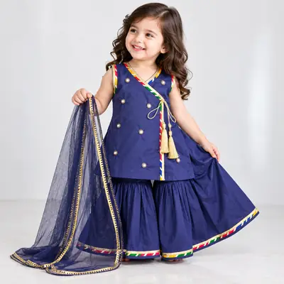 3 Pcs Girl's Cotton Plain Frock And Trouser Set