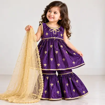 3 Pcs Fancy Girl's Katan Silk Frock And Trouser Set