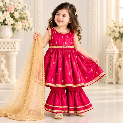 3 Pcs Fancy Girl's Silk Plain Frock And Trouser Set
