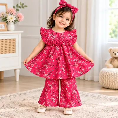 2 Pcs Girl's Lawn Printed Frock And Trouser Set