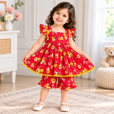 2 Pcs Baby Girl's Lawn Printed Frock and Shorts