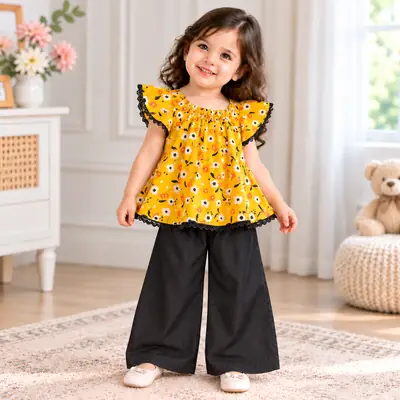 2 Pcs Girl's Lawn Printed Frock And Trouser Set