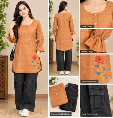 2 Pcs Women's Stitched Cotton Plain Shirt And Trouser