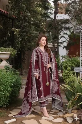 3 Pcs Women's Unstitched Embroidered Suit with wool shwl thumbnail 2