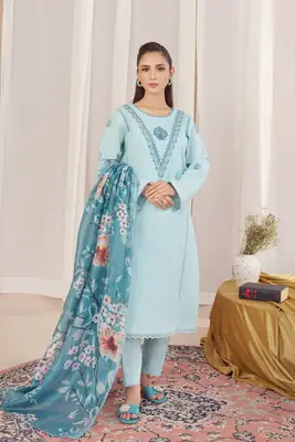 3 Pcs Women's Unstitched Sequins Embroidered sky blue Suit with printed wool shwal