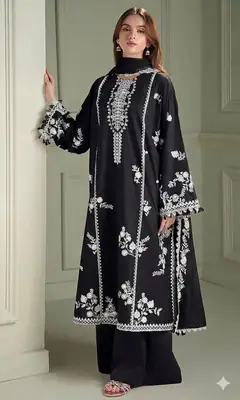 3 Pcs Women's Unstitched Embroidered Suit hit code special black with wool shawl  thumbnail 2