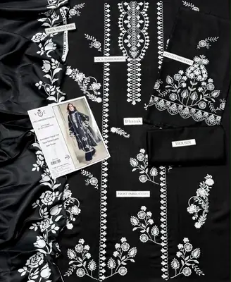 3 Pcs Women's Unstitched Embroidered Suit hit code special black with wool shawl  thumbnail 3