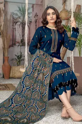 3 Pcs Women's Unstitched Embroidered Suit(HB)