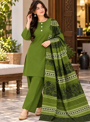 3 Pcs Women's Unstitched Plain Suit(bf)