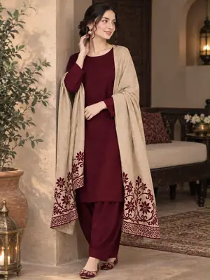 3 Pcs Women's Unstitched Plain Suit(bf)