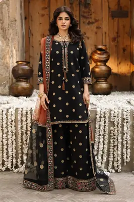 3 Pcs Women's Unstitched Zari Tilla Embroidered Suit(skf)