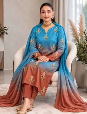3 Pcs Women's Unstitched Hand Embroidered Suit(skf)