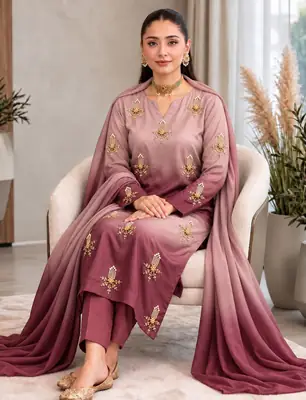 3 Pcs Women's Unstitched Hand Embroidered Suit(skf)