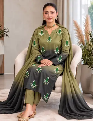 3 Pcs Women's Unstitched Hand Embroidered Suit(skf)
