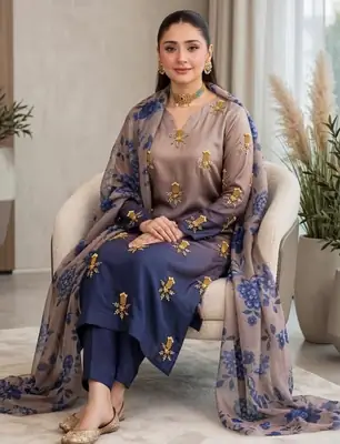 3 Pcs Women's Unstitched Hand Embroidered Suit(skf)