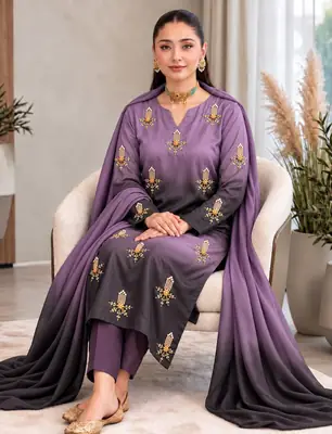 3 Pcs Women's Unstitched Hand Embroidered Suit(skf)