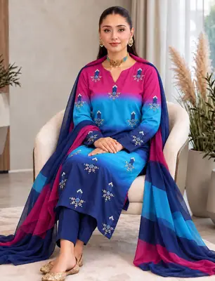 3 Pcs Women's Unstitched Hand Embroidered Suit(skf)