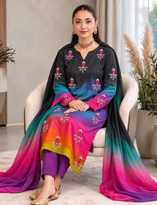 3 Pcs Women's Unstitched Hand Embroidered Suit(skf)