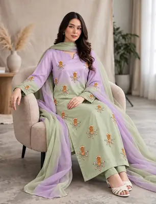 3 Pcs Women's Unstitched Hand Embroidered Suit(skf)