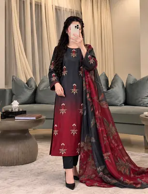 3 Pcs Women's Unstitched Hand Embroidered Suit(skf)