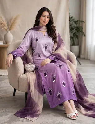 3 Pcs Women's Unstitched Hand Embroidered Suit(skf)