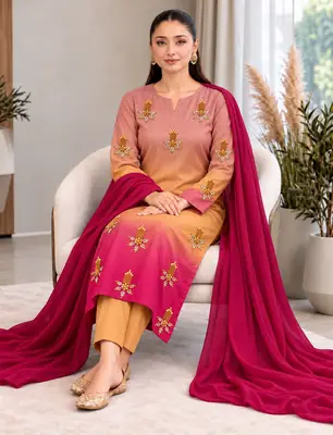 3 Pcs Women's Unstitched Hand Embroidered Suit(skf)