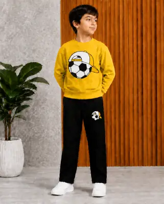 2 Pcs Yellow Foot Ball  Boy's Cotton Fleece Printed Tracksuit