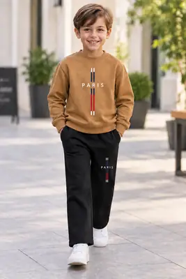 2 Pcs Boy's  Premium Camel & Black PARIS Tracksuit Set