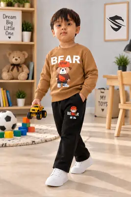 Bear Camel Brown 2 Pcs Boy's Fleece Printed Tracksuit