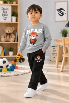 Bear Grey And Black 2 Pcs Boy's Cotton Printed Tracksuit