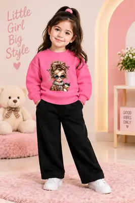 Pink 2 Pcs Boy's Fleece Printed Tracksuit