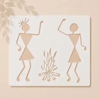 Casvena Warli Couple Near Bonfire Reusable Stencil for Wall