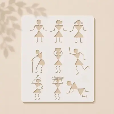Casvena Warli Couple Bonfire Tribal Art Reusable Stencil