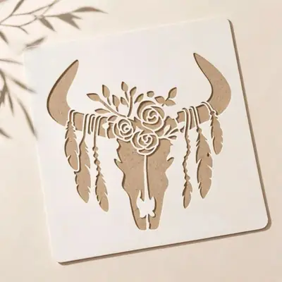 Casvena Feathered Cow Skull Stencil for Wall & Canvas Art