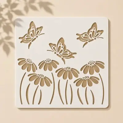 Casvena Butterfly With Flower Reusable Stencil for Wall