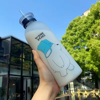  500ml Cute Panda & Bear Frosted Water Bottle with Straw | Cartoon Reusable Leak Proof Drinking Bottle for School Office Gym Travel Outdoor