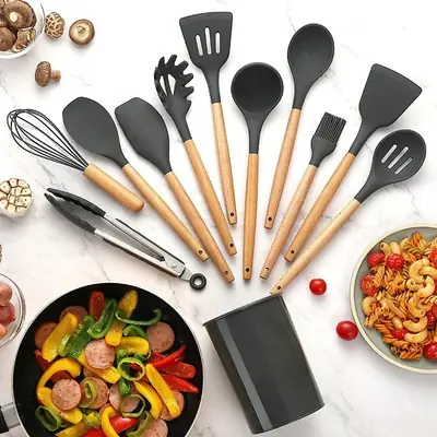  12 Pcs Silicone Cooking Utensils Set With Wooden Handles and Bucket BPA Free Spatula Set Kitchen Cookware Spoon Set Non-Toxic Kitchen Gadgets Tools Set - Heat Resistant - Nonstick 