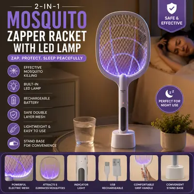 2 In 1 Electric Mosquito Racket Bat with UV Light – Foldable USB Rechargeable Fly Swatter | Insect Killer Bug Zapper with Long Lasting Lithium Battery