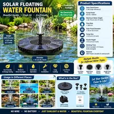 Solar Floating Water Fountain 1.5W | Automatic Floating Pond Fountain Pump | Bird Bath, Fish Pond, Swimming Pool & Garden Decoration Water Fountain