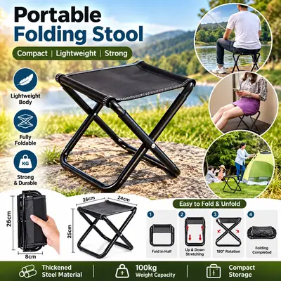 Foldable Steel Stool with Carry Pouch Compact Portable Seat