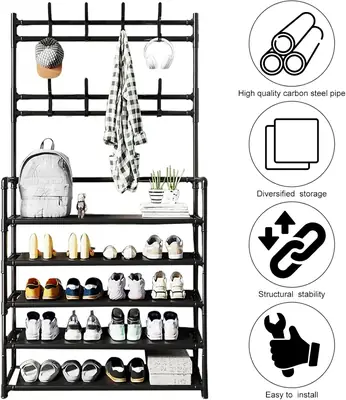 -Tier Metal Shoe & Coat Rack | Shoe Storage with Hanger