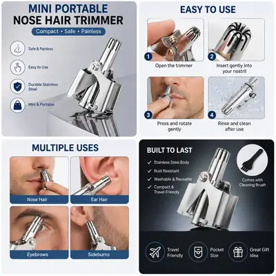 Manual Nose & Ear Hair Trimmer Stainless Steel – Safe Rotating Push Hair Remover, Washable Grooming Tool for Unisex