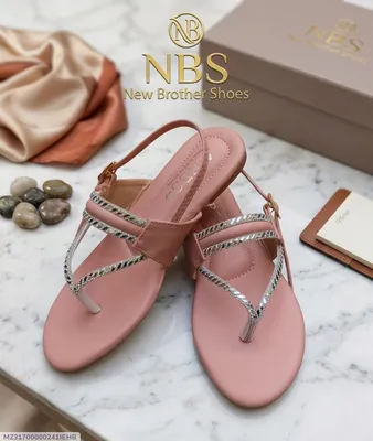 Pink Leather Women's Flat Sandals with Crystal Strap